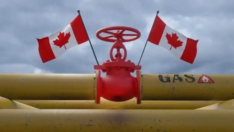 Red industrial pipeline valve with two Canadian flags mounted on yellow gas pipework under a cloudy sky
