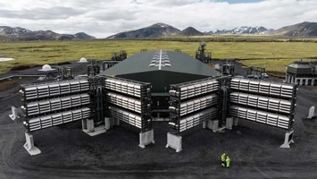 Direct air capture facility with stacked filter arrays in a volcanic landscape