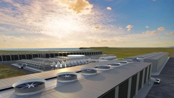 Aerial render of an industrial facility with rooftop cooling fans and storage tanks under a dramatic sky